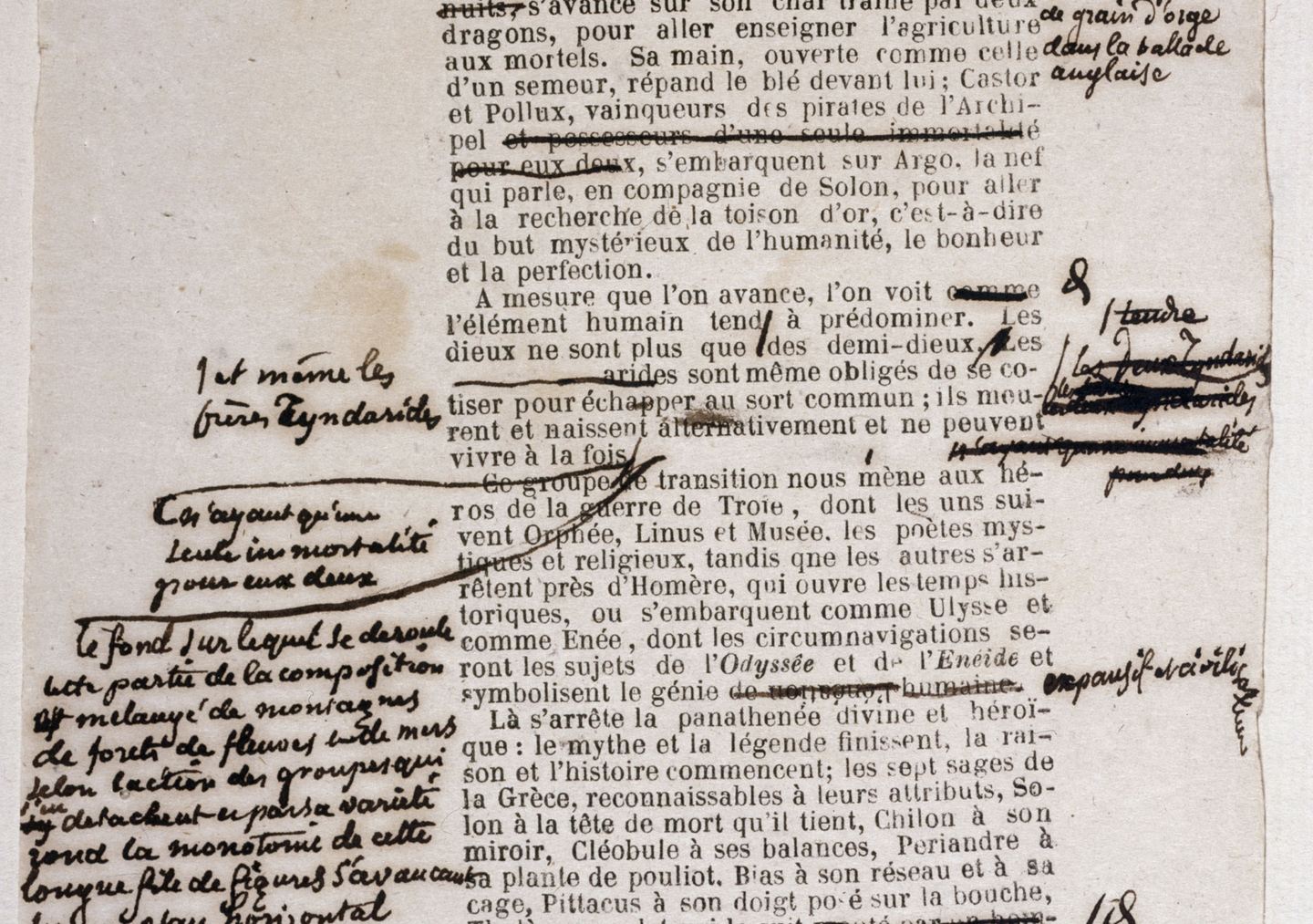Prueba de imprenta del siglo XIX con líneas tachadas y correcciones manuscritas en los márgenes